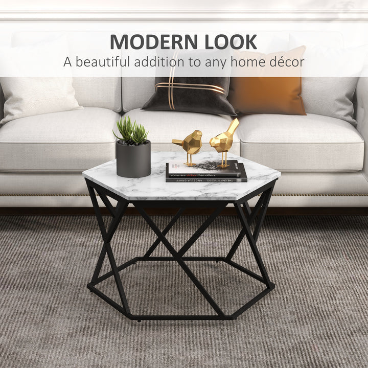 Hexagonal Coffee Table with High Gloss Marble Effect Table Top, Modern Cocktail Table with Steel Frame for Living Room, White