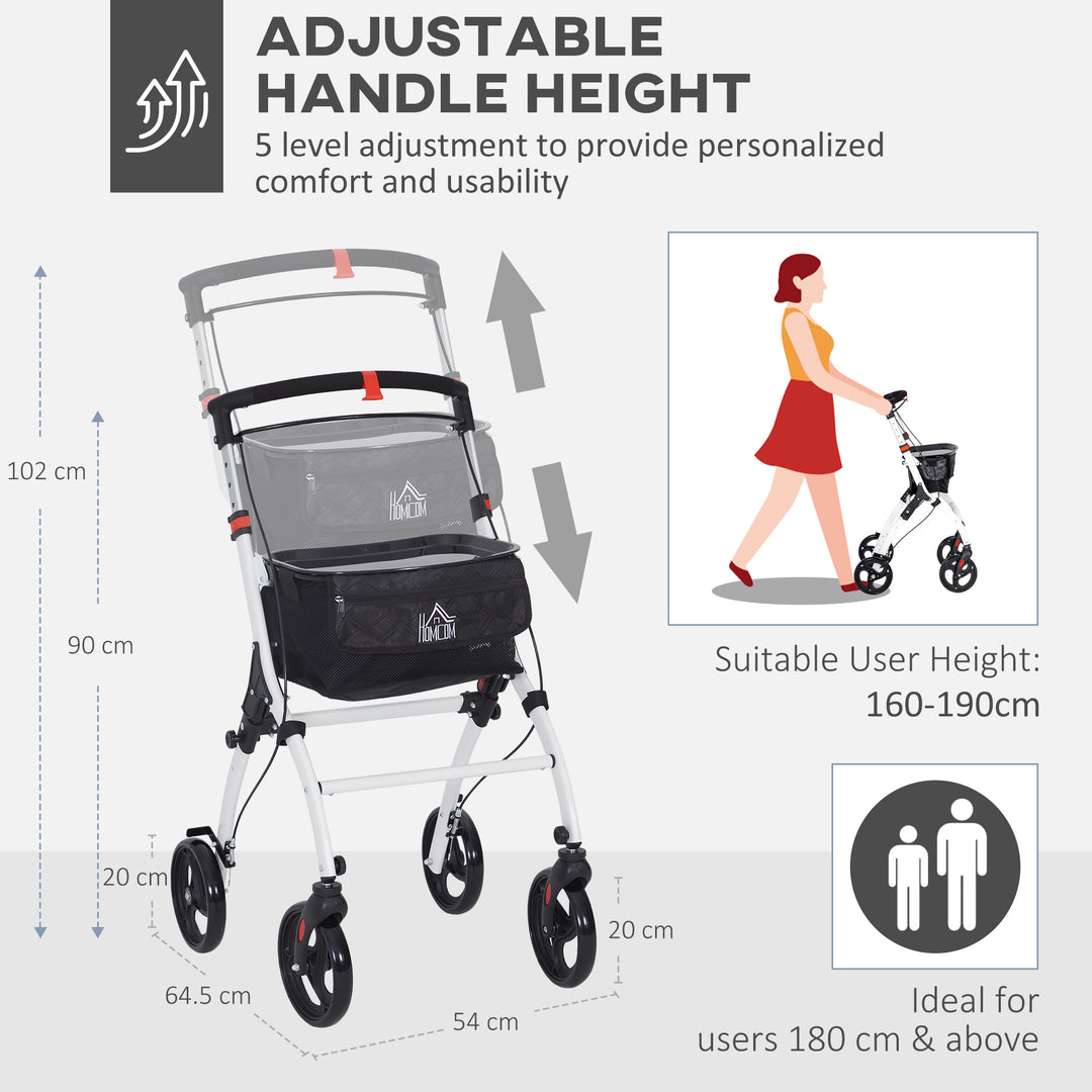 Folding Upright Rollator Walker with Lightweight Walking Frame, Storage Bag, Tray, Dual Brakes, Adjustable Handle Height, Mobility Aid Rolling 4 Wheeled Walker for Seniors, White