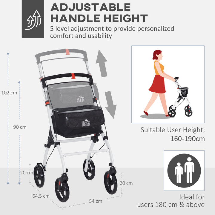 Folding Upright Rollator Walker with Lightweight Walking Frame, Storage Bag, Tray, Dual Brakes, Adjustable Handle Height, Mobility Aid Rolling 4 Wheeled Walker for Seniors, White