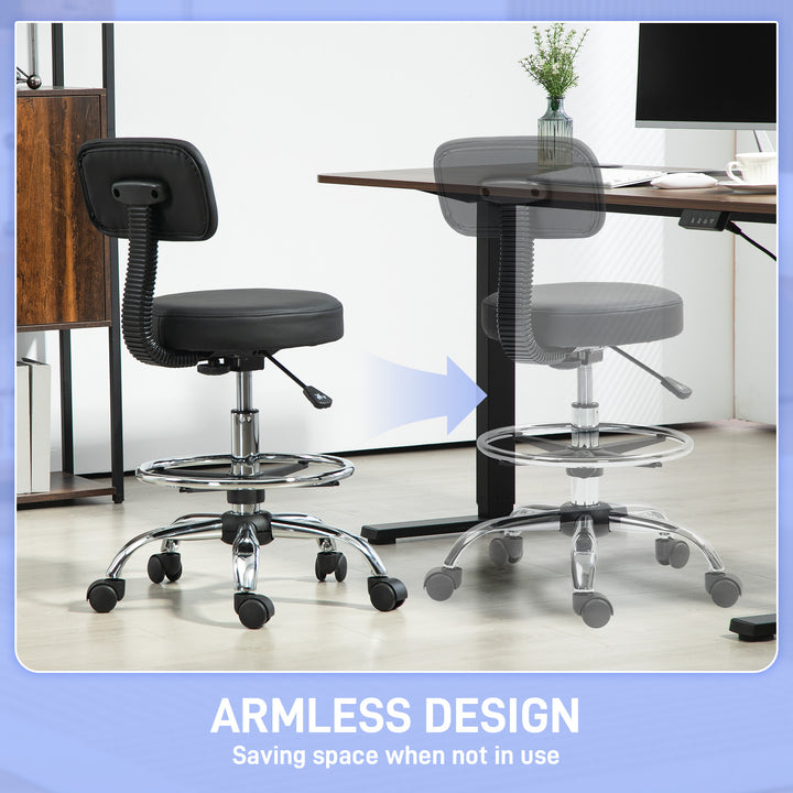 Drafting Chair, Office Chair with Backrest and Adjustable Footrest, Height Adjustable Stool, Leather Padded Rolling Task Chair for Home Office, Black