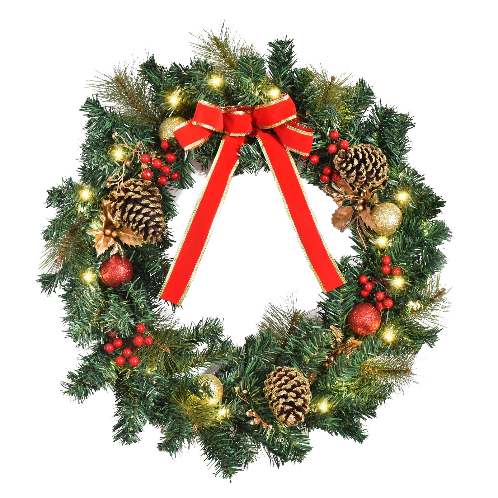 60cm Pre-Lit Artificial Christmas Door Wreath Holly LED Decor Pine Cones Hanging Glittered Festival Indoor Outdoor Decoration