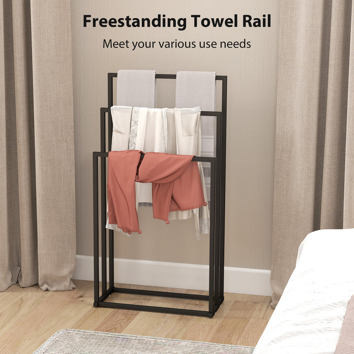 Freestanding Towel Rack, Steel Towel Rail Holder with 3 Bars, Black