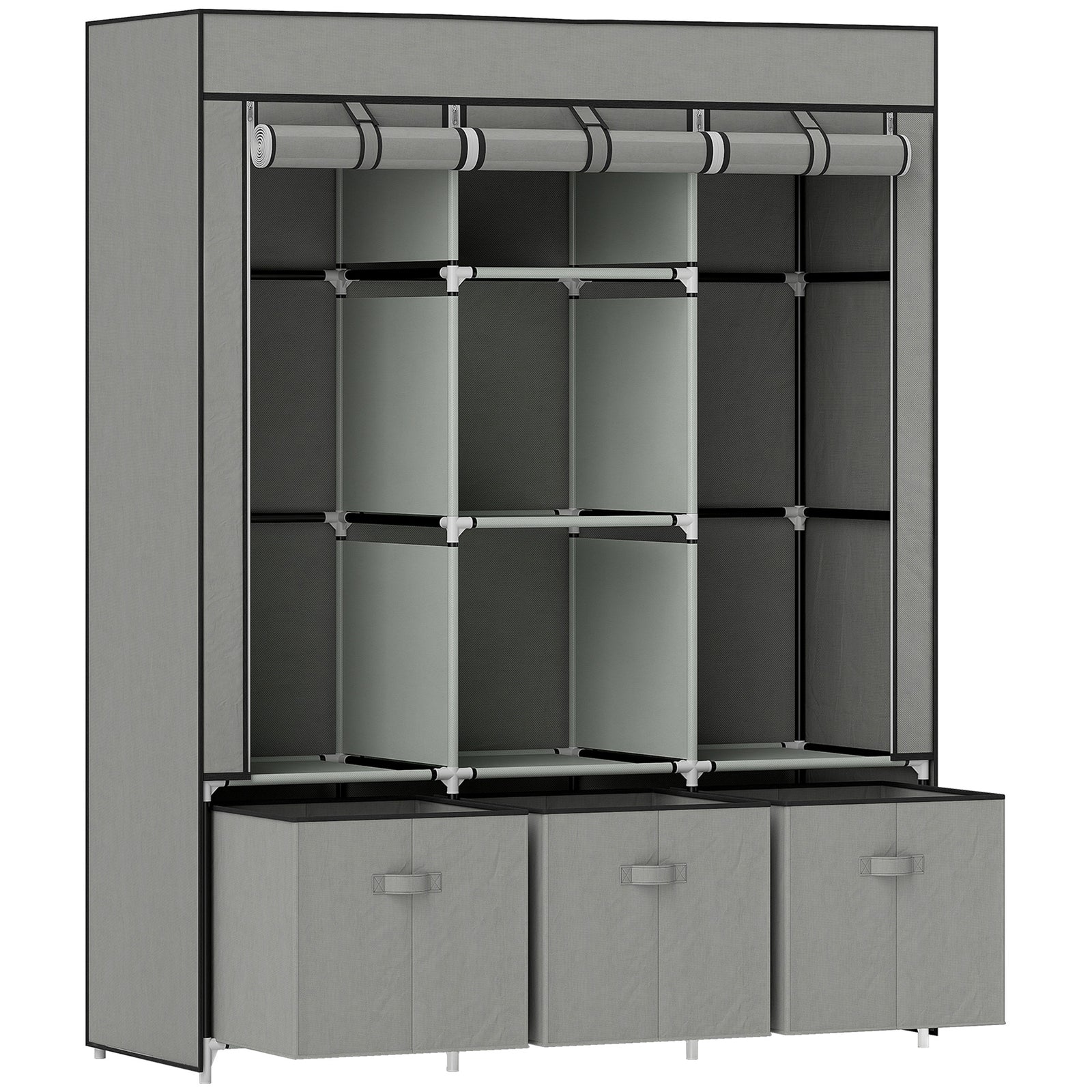 Fabric Wardrobe for Bedroom, Portable Wardrobe with 5 Shelves, 2 Hanging Rails and 3 Fabric Drawers, Foldable Closet, 125 x 43 x 162.5cm, Light Grey