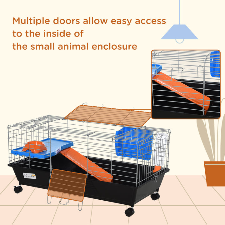 Small Animal Cage Rabbit Guinea Pigs Chinchillas Cage w/ Wheels Water Bottle Food Dish Platform Ramp 89 x 44 x 43 cm Black
