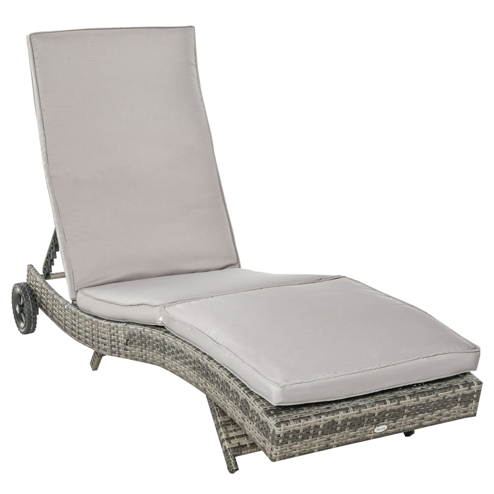 Patio Wicker Chaise Lounge Chair, Outdoor PE Rattan Sun Lounger with Adjustable Backrest and 2 Wheels, Grey