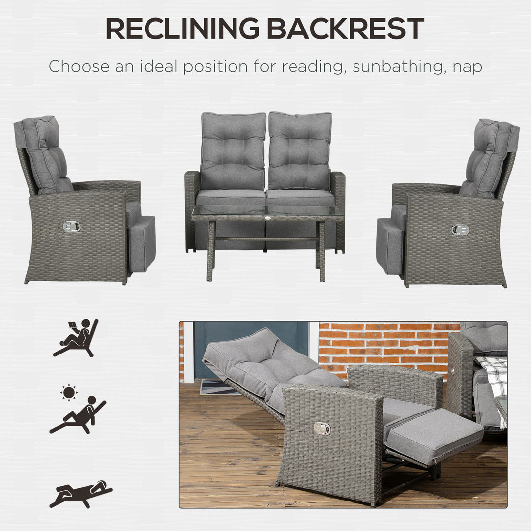 4 Piece Rattan Garden Furniture Set Outdoor Sofa Sectional Set with Glass Top Table for Poolside, Grey