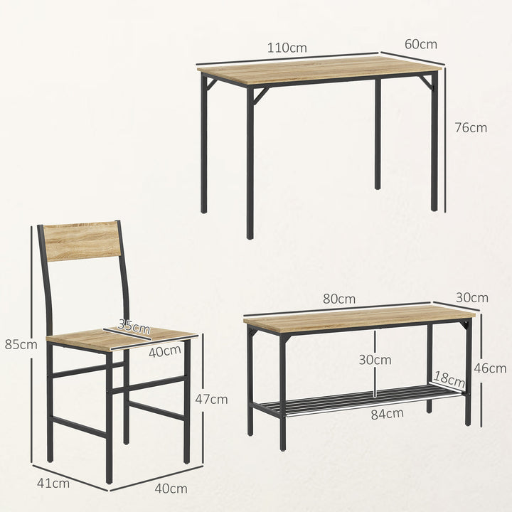 Square Dining Set for 4 Persons, Table, Chairs and Bench Included, Natural Wood Effect