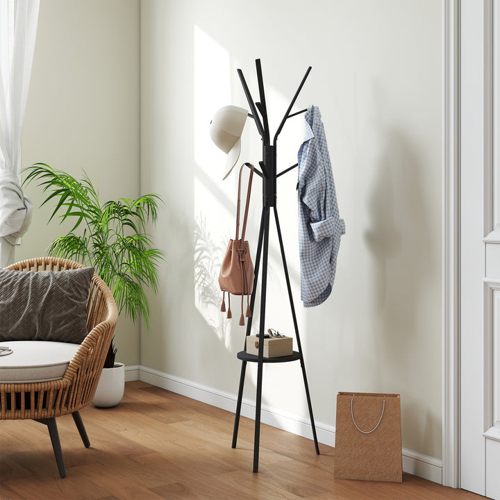 Freestanding Metal Coat Rack Stand 9 Hooks Clothes Tree with 1 Shelf Hat Display Hall Tree Hanger Bag Umbrella Hanging Organiser Black