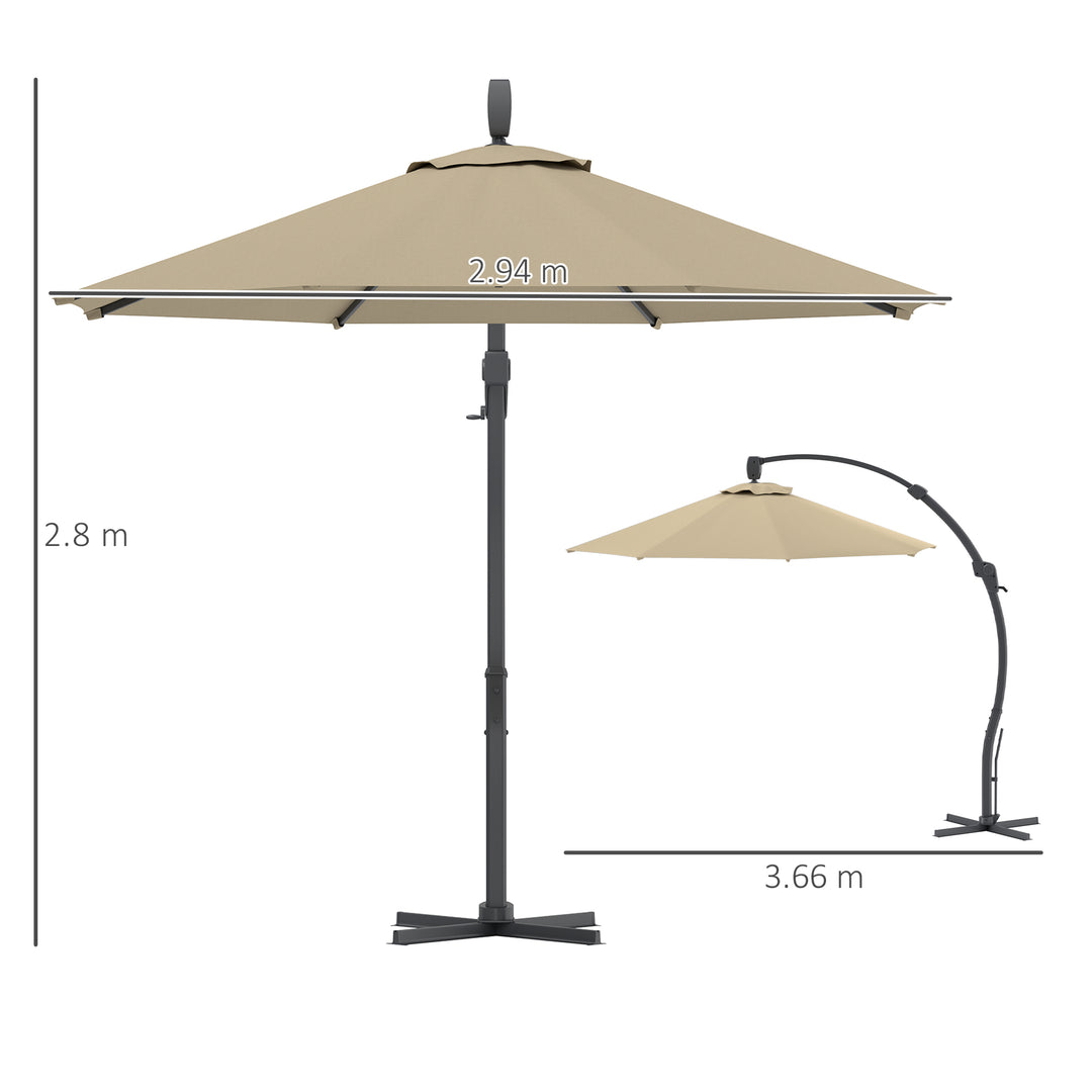 3(m) Garden Cantilever Parasol, Round Overhanging Umbrella with Crank Handle, Cross Base, Aluminium Frame and 360° Rotation, Banana Patio Umbrella for Outdoor Sun Shade, Khaki