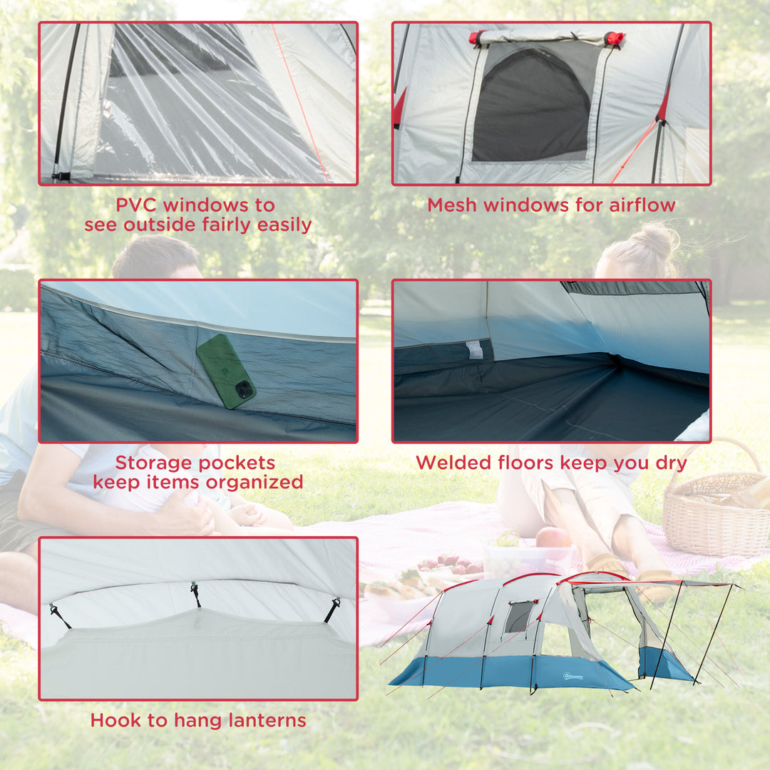 6-8 Person Tunnel Tent, Camping Tent with Bedroom, Living Room, Sewn-in Floor, 3 Doors and Carry Bag, 2000mm Water Column for Fishing, Hiking, Sports, and Traveling, Blue