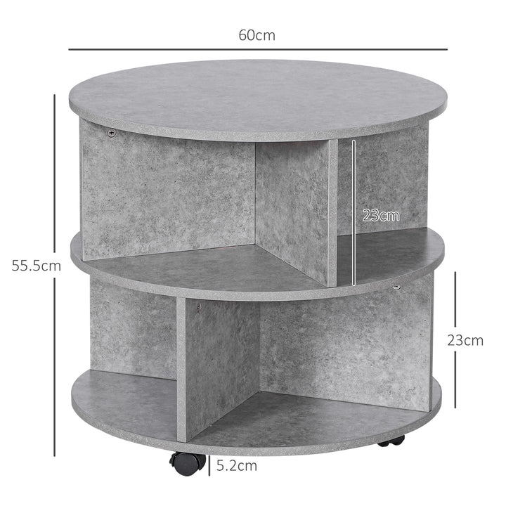 HOMCOM 2 Tier Round Side End Table Coffee Desk with Divided Shelves Tea Table Storage Unit Living Room Organiser with Wheels - Cement colour