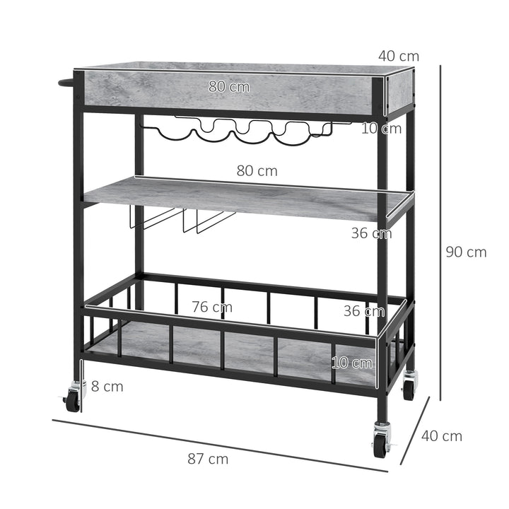 HOMCOM 3-Tier Kitchen Cart, Kitchen Island with Storage Shelves, Removable Tray, Wine Racks, Glass Holders, Faux Marbled Grey | Aosom UK