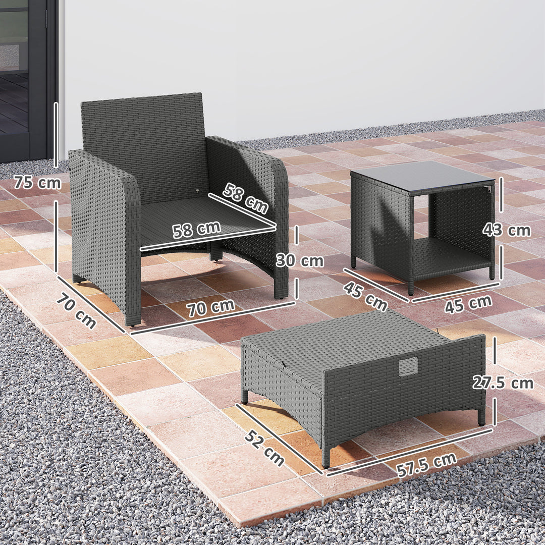 Five Piece Rattan Garden Furniture Set with 2-Tier Coffee Table and Ottomans - Grey