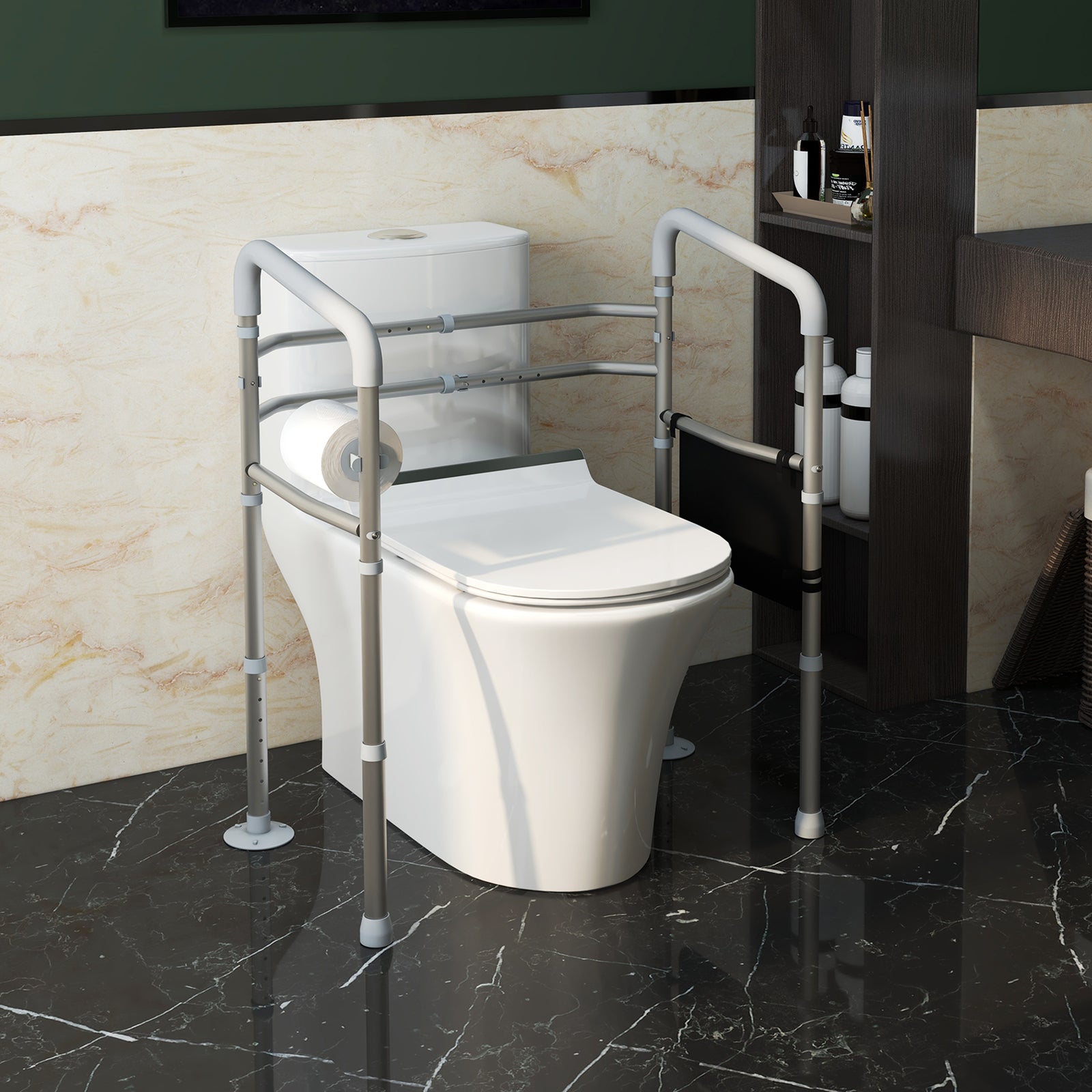 Free Standing Toilet Frame, Height and Width Adjustable Toilet Safety Frame with Arms, 2 Additional Suction Cups, Storage for Elderly, Disabled, Handrail Grab Bar, 136kg Weight Capacity