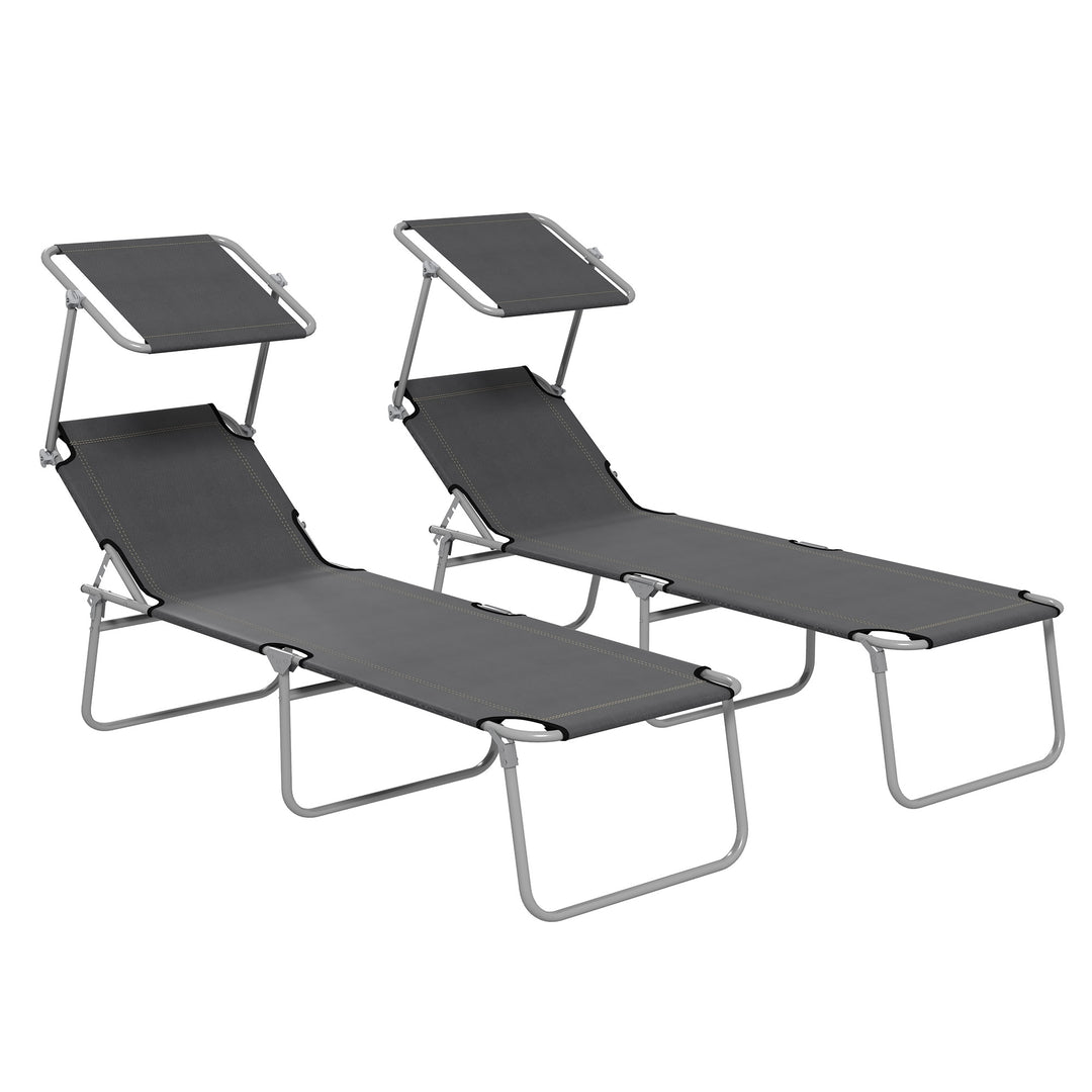 Outdoor Foldable Sun Lounger Set of 2, 4 Level Adjustable Backrest Reclining Sun Lounger Chair with Angle Adjust Sun Shade Awning for Beach, Garden, Patio, Grey