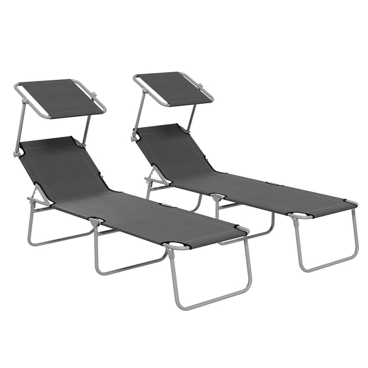 Outdoor Foldable Sun Lounger Set of 2, 4 Level Adjustable Backrest Reclining Sun Lounger Chair with Angle Adjust Sun Shade Awning for Beach, Garden, Patio, Grey