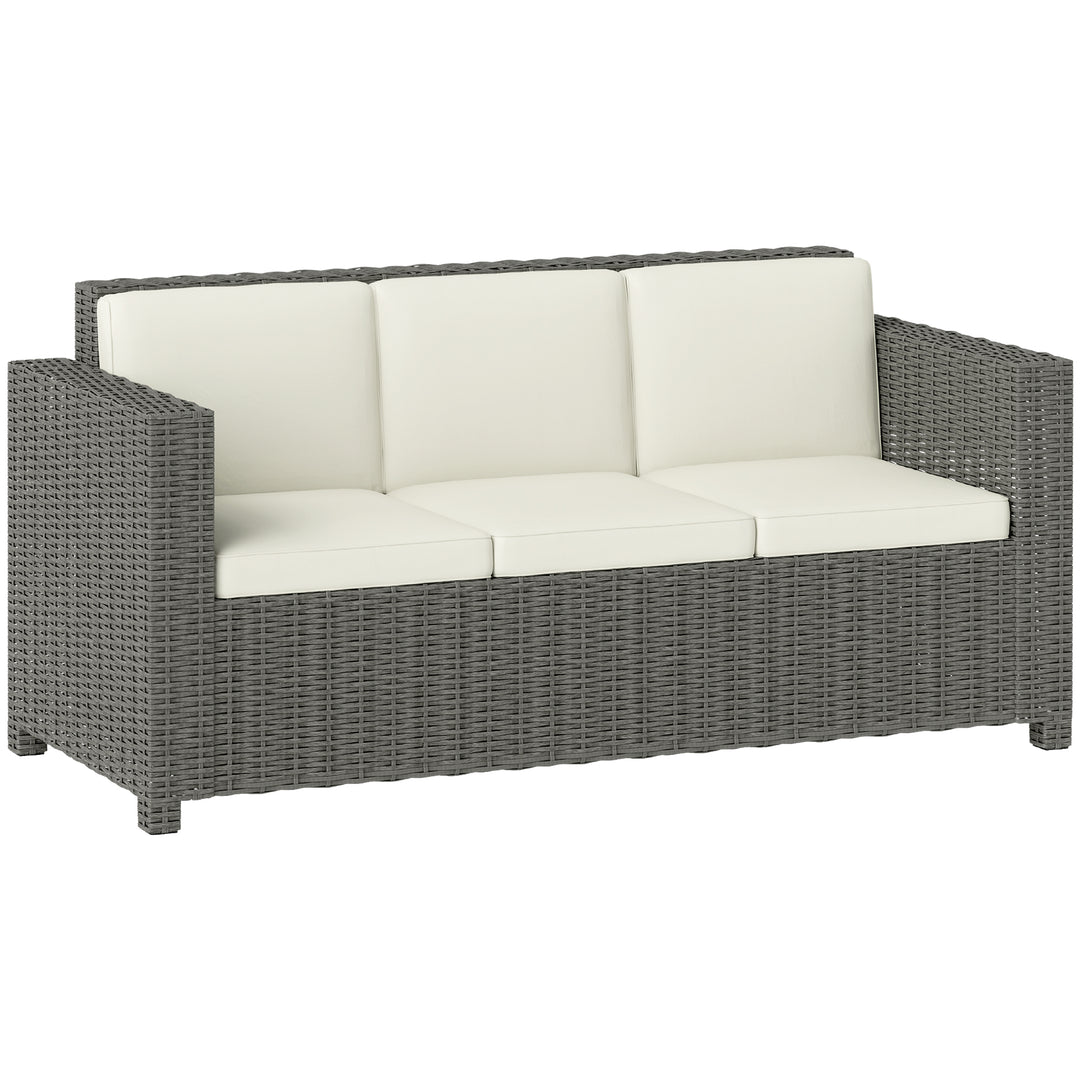 3 Seater Rattan Sofa All-Weather Wicker Weave Metal Frame Chair with Fire Resistant Cushio-Cream