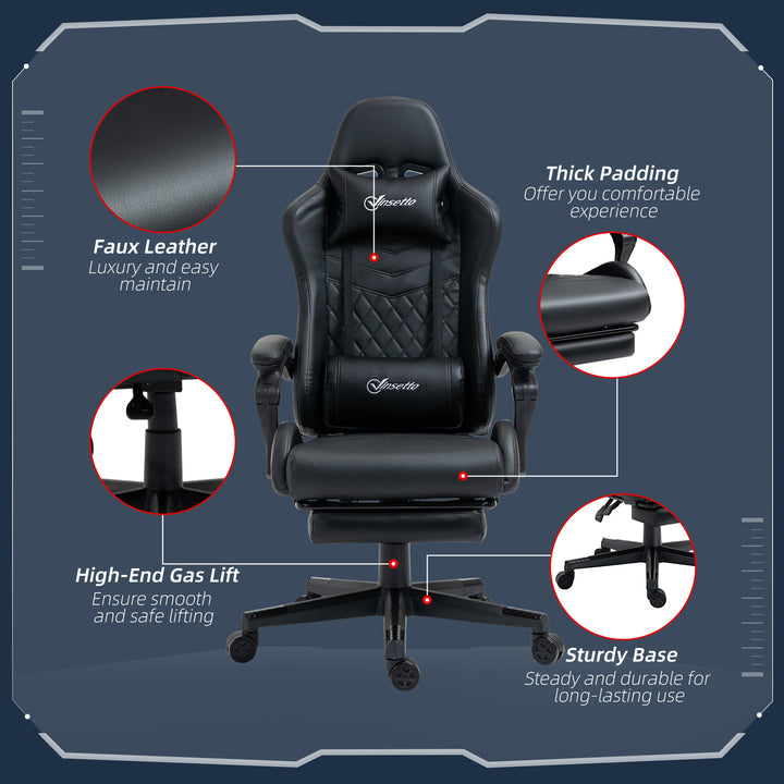 Computer Gaming Chair with Footrest, Video Gaming Chair for Adults with 130° Reclining Back, Desk Chair with Lumbar Support and Adjustable Height, Black