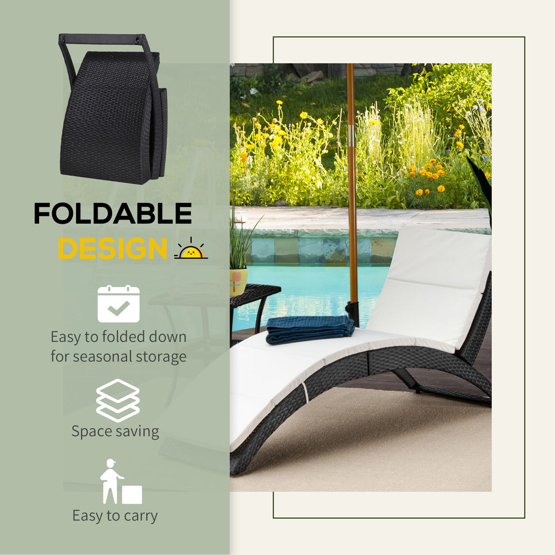 Outdoor Foldable PE Rattan Sun Lounger with Soft Padded Cushion, Ergonomic Curved Design Sun Bed for Balcony, Garden, Black
