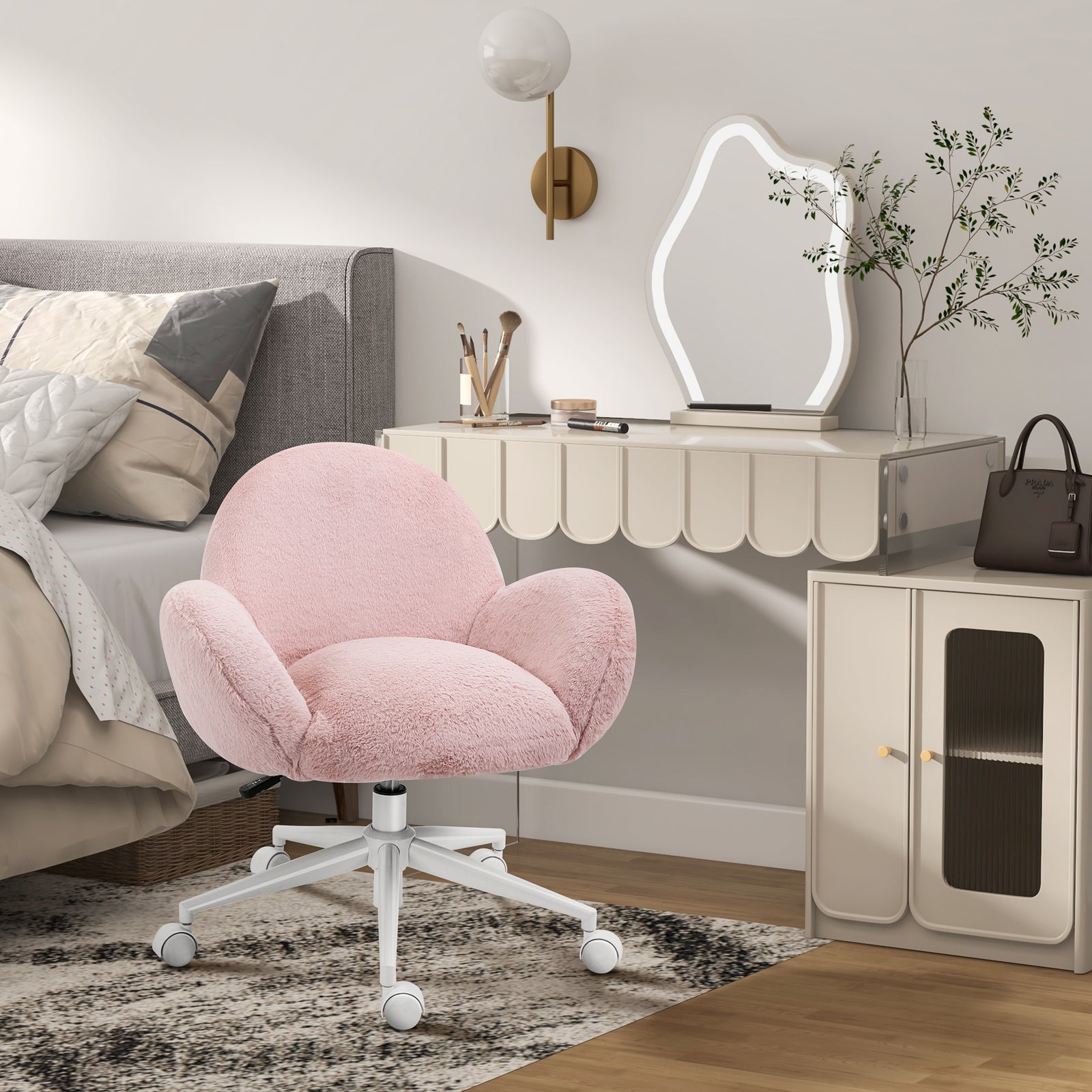 Makeup Vanity Chair, Cute Fluffy Desk Chair with Rolling Wheels for Bedroom Living Room, Pink
