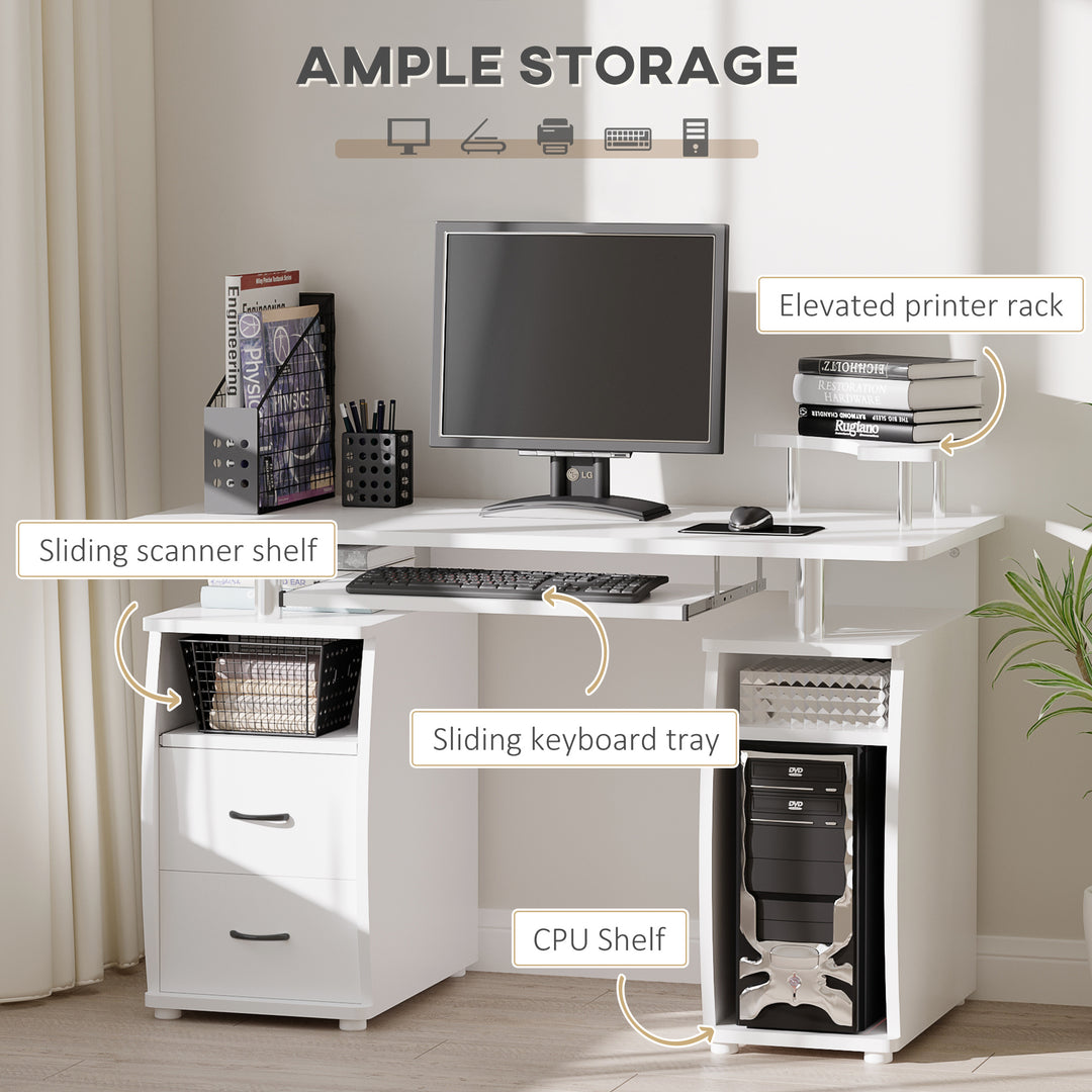 HOMCOM Computer Desk Office PC Table Workstation with Keyboard Tray, CPU Shelf, Drawers, Sliding Scanner Shelf, White