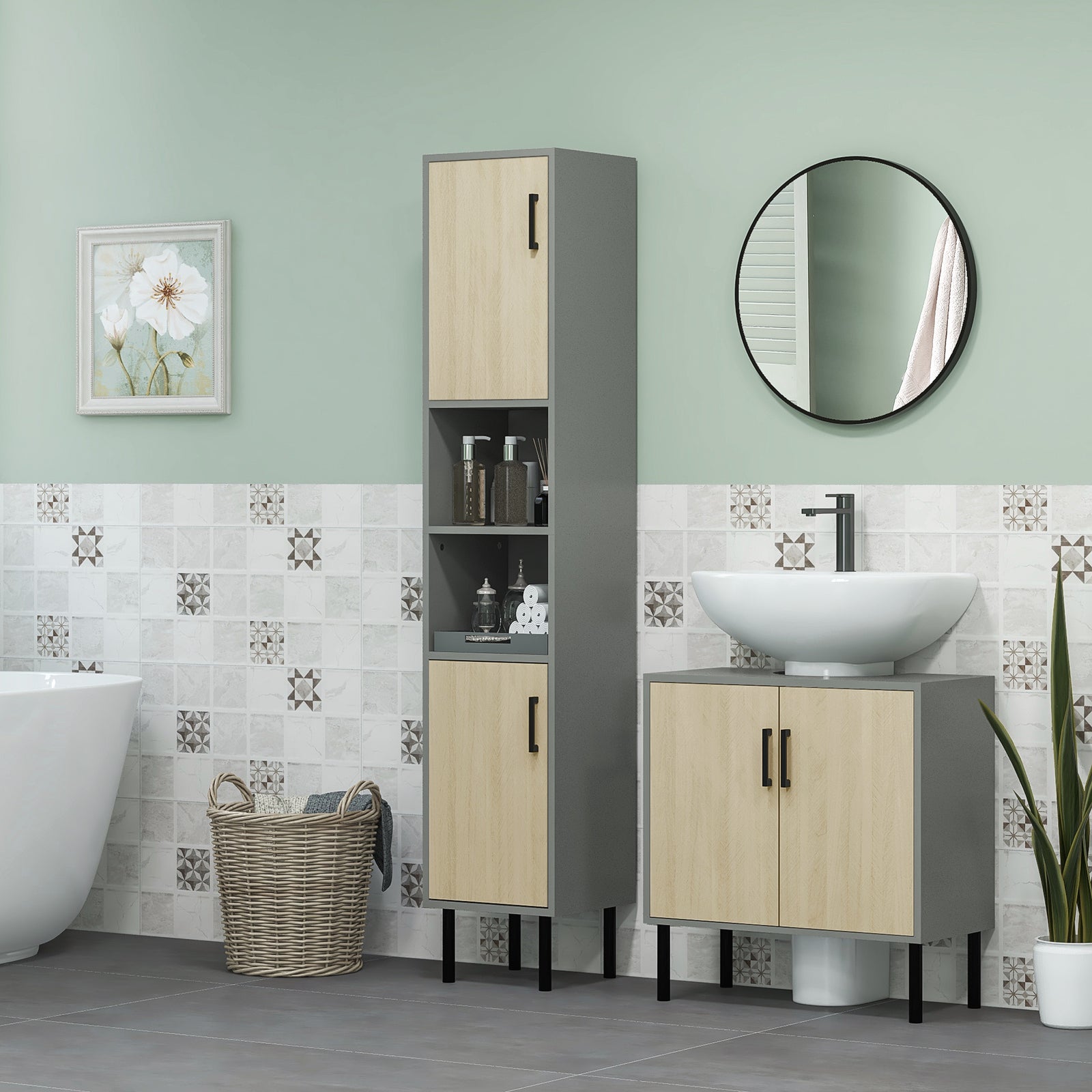 Under Sink Cabinet, Bathroom Vanity Unit, Storage Cupboard with Double Doors and Storage Shelves, 60x30x60cm, Natural