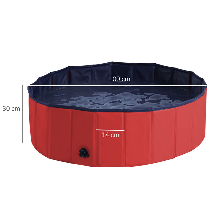 Dog Paddling Pool, Foldable Dog Pool, Leakproof & Hard Plastic, Portable Pet Bathtub with Non-Slip Base & Drainage Hole, for Indoors, Outdoors, Garden, Patio, 100 x 30 cm, Red