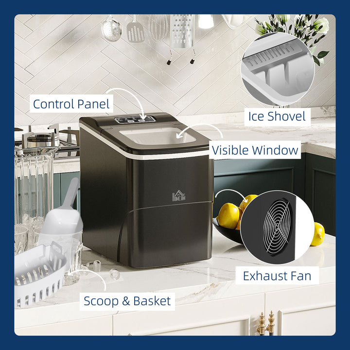 Countertop Ice Machine, 12Kg in 24 Hrs, 9 Cubes Ready in 8 Mins, Portable Ice Cube Maker with Self-Cleaning, Ice Scoop and Basket for Home, Kitchen, No Plumbing Required, Black