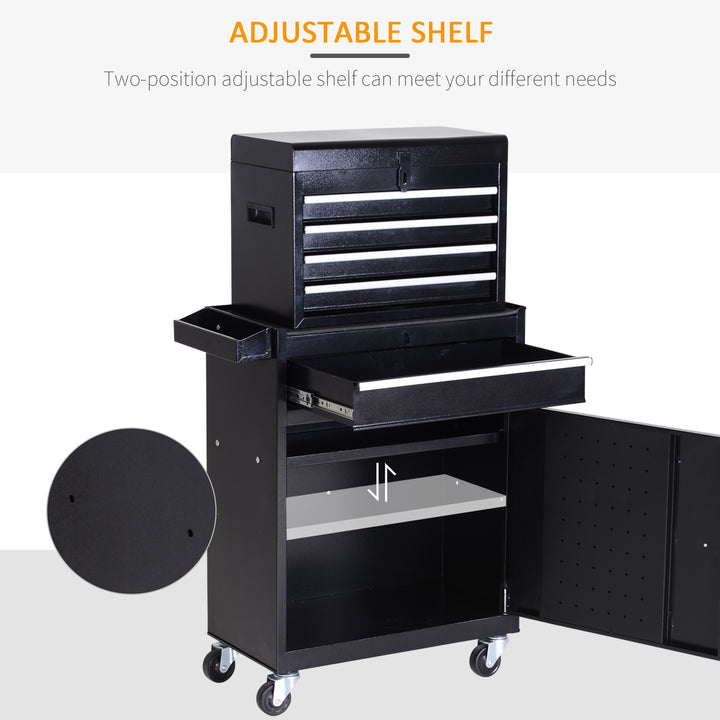 Tool Chest 2 in 1 Metal Tool Cabinet Storage Box with 5 Drawers Pegboard Wheels 60x28x104.5cm Black
