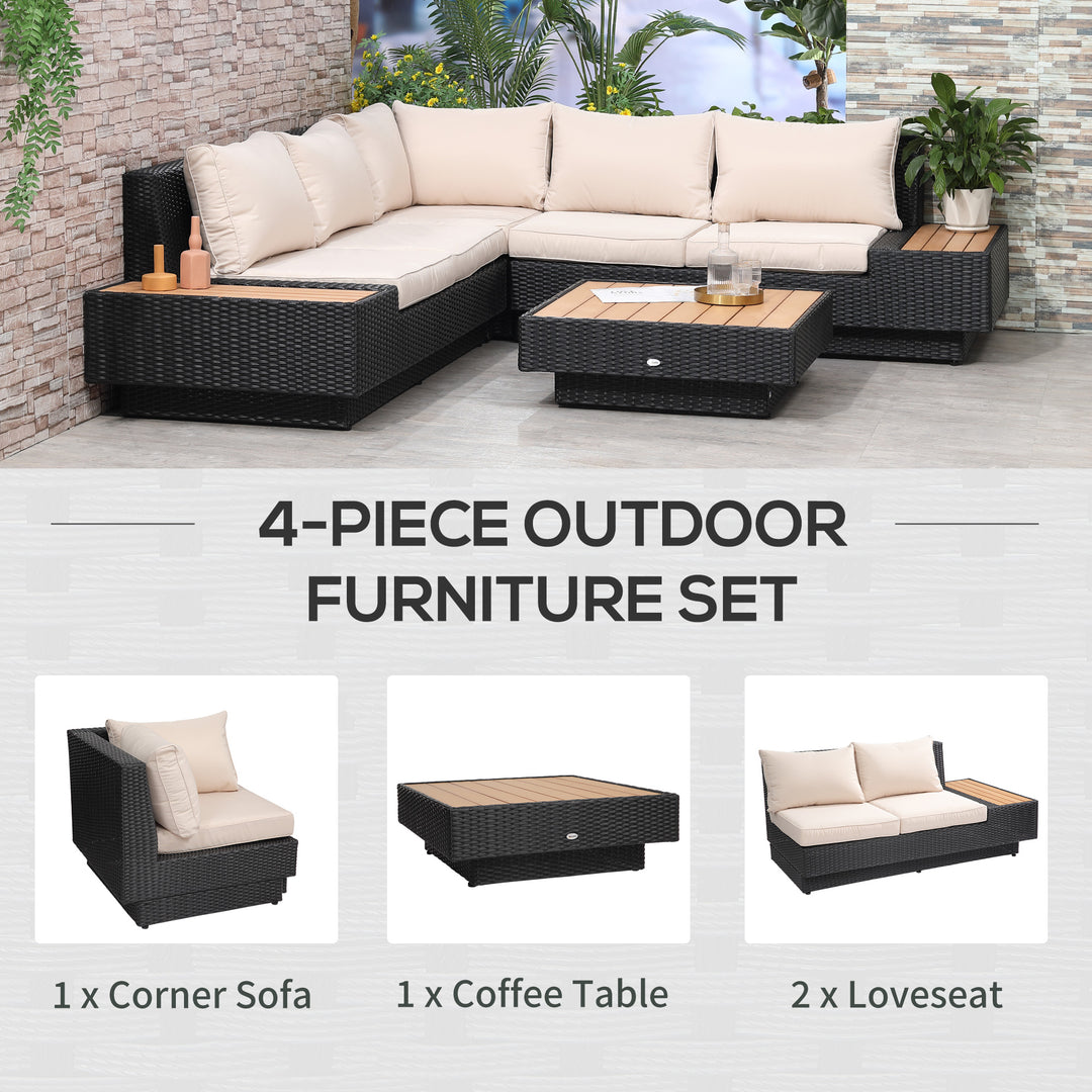 4 PCs Rattan Garden Furniture Outdoor Sectional Corner Sofa and Coffee Table Set  Conservatory Wicker Weave Furniture with Armrest and Cushions - Black