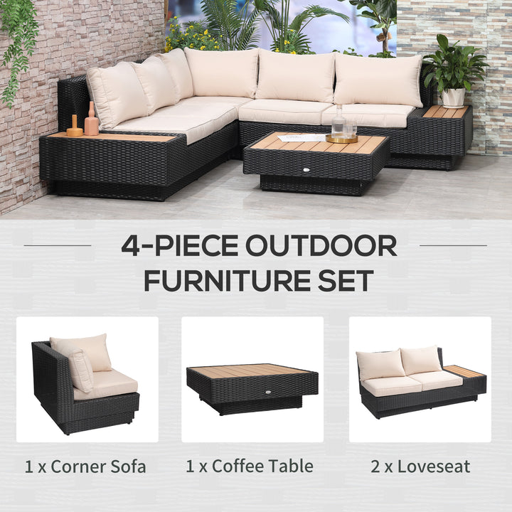 4 PCs Rattan Garden Furniture Outdoor Sectional Corner Sofa and Coffee Table Set  Conservatory Wicker Weave Furniture with Armrest and Cushions - Black
