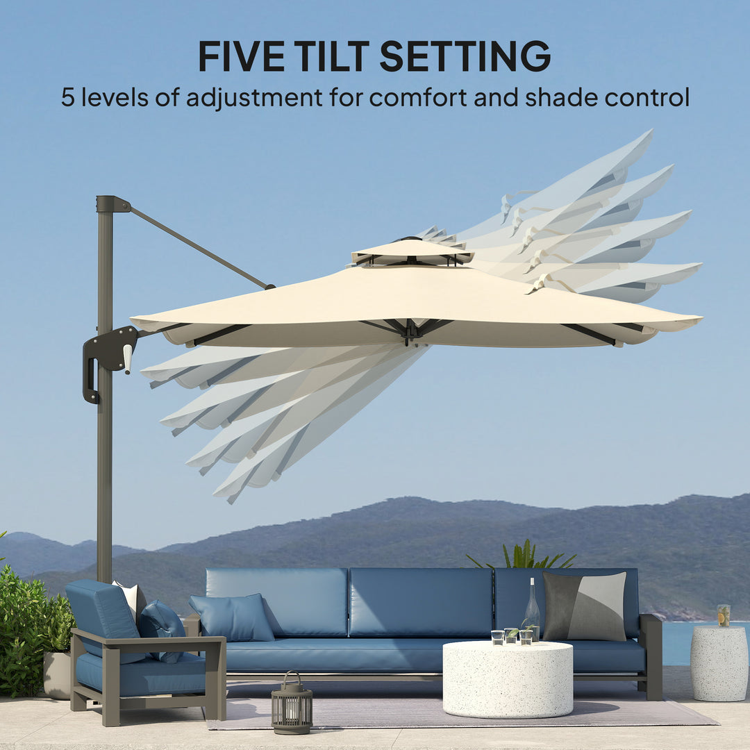 3.7 x 2.7 m Cantilever Parasol w/ 360° Rotation and Easy Tilt Adjustment, Aluminium Hanging Offset Outdoor Umbrella w/ Double Top, Cross Base, UPF50+ Hanging Sun Shade, Grey Wood Effect Pole