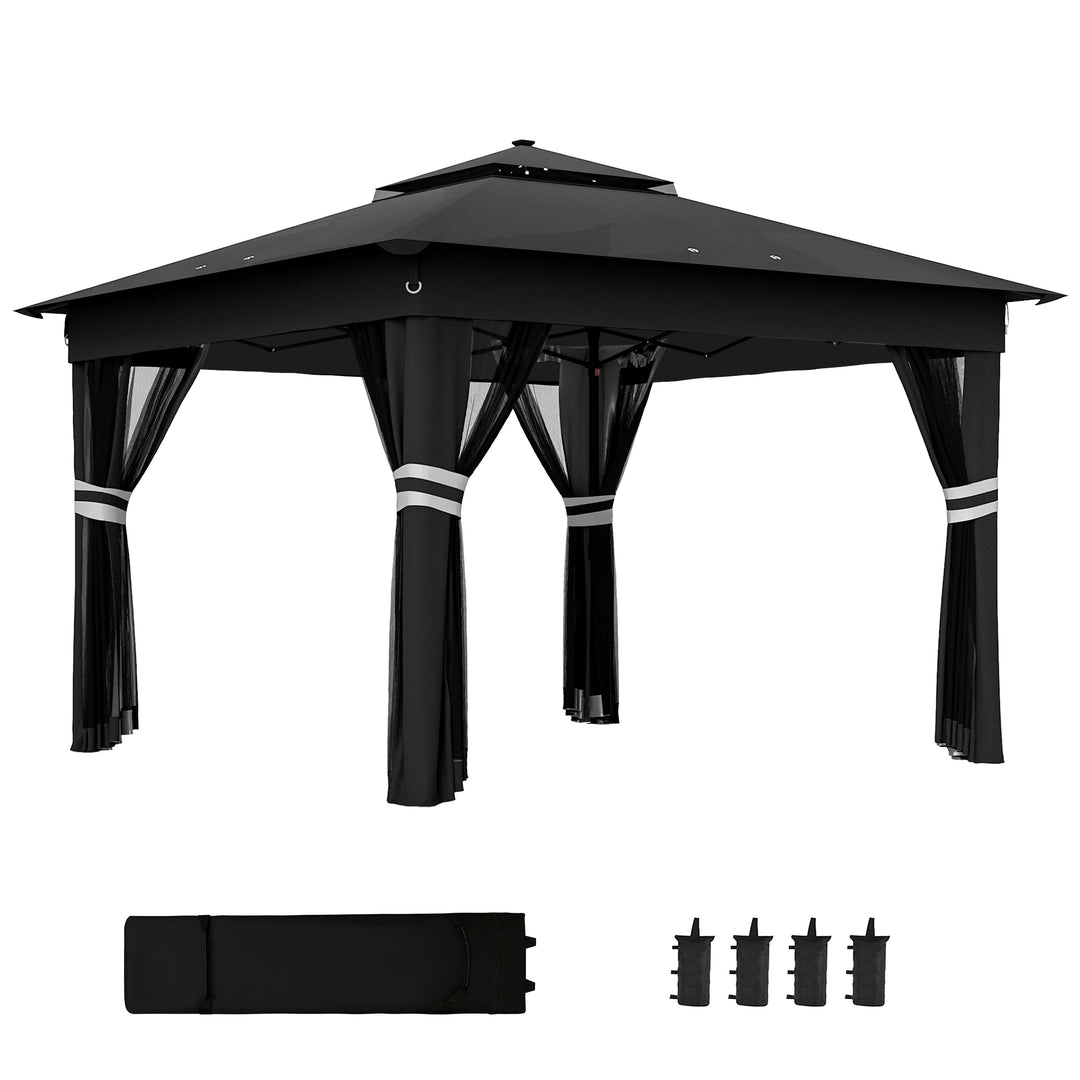 3 x 3(m) Pop Up Gazebo Party Tent with Solar-Powered LED Lights, Adjustable Event Shelter with Netting, Black