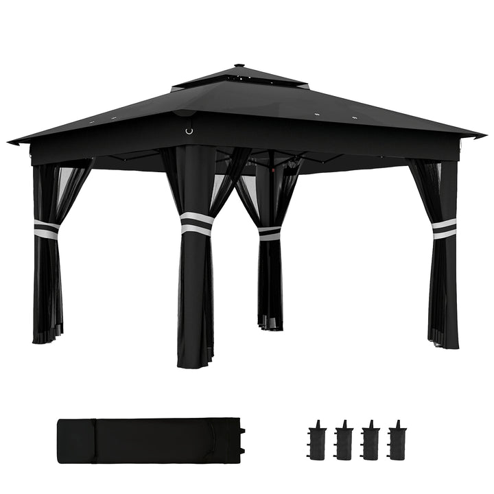 3 x 3(m) Pop Up Gazebo Party Tent with Solar-Powered LED Lights, Adjustable Event Shelter with Netting, Black