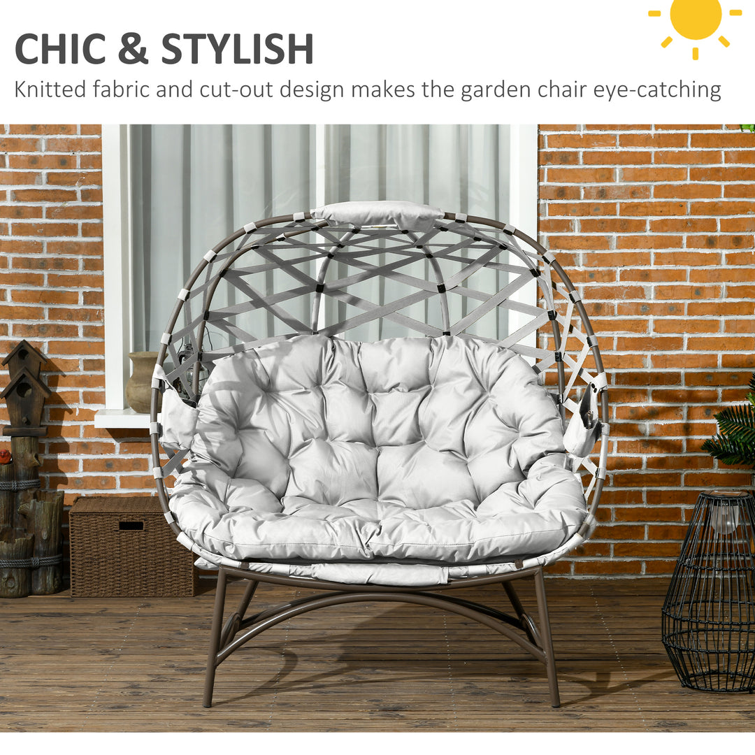 2 Seater Egg Chair Outdoor, Folding Weave Garden Furniture Chair with Cushion, Cup Pockets - Light Grey