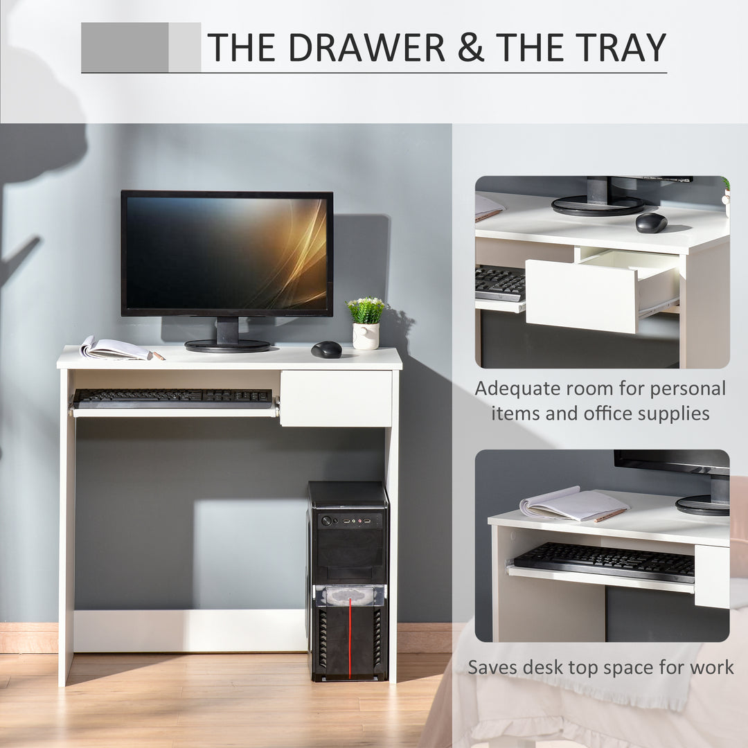 80cm Compact Computer Desk with Keyboard Tray, Home Office Desk with Drawer for Bedroom Study, White