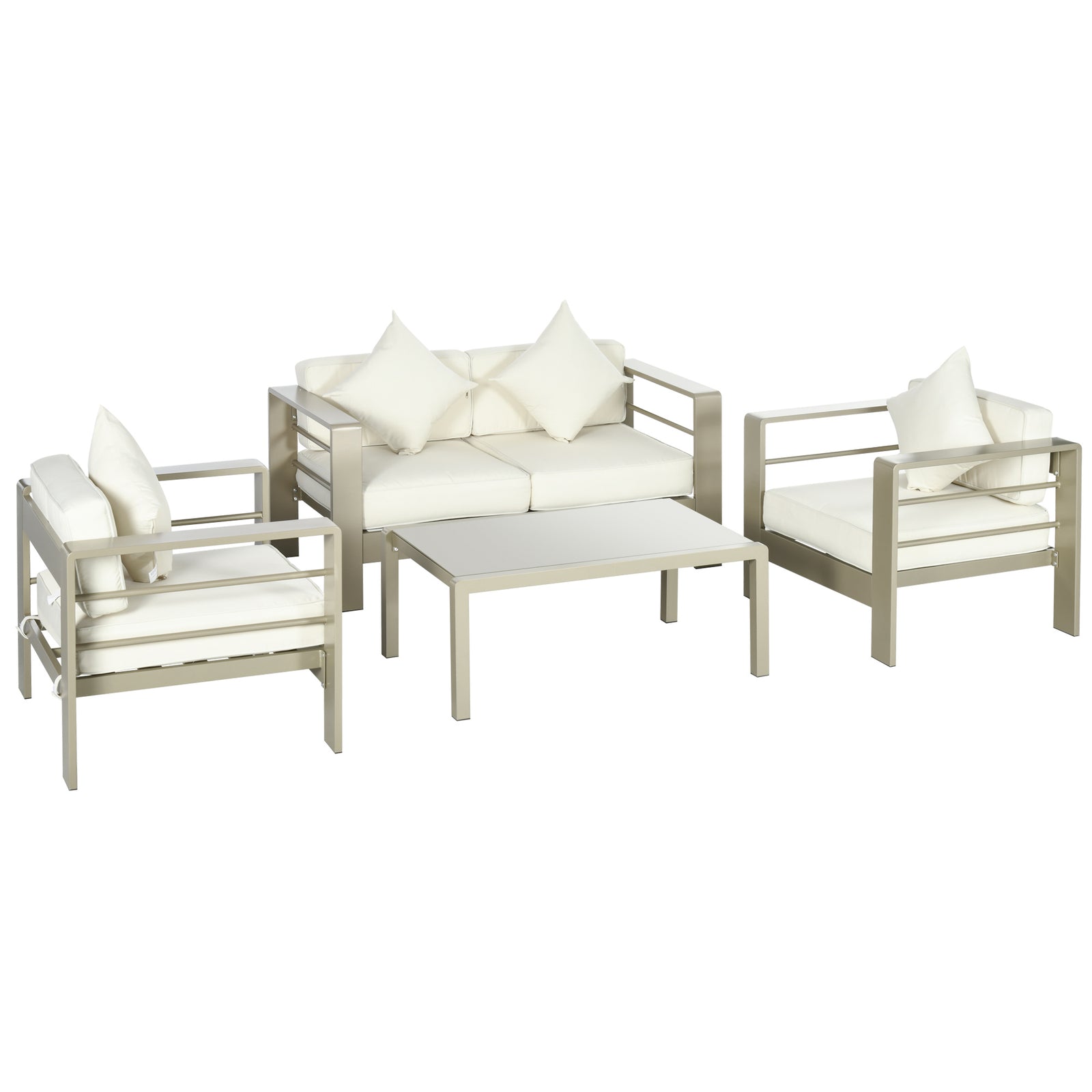 4 Pieces Outdoor Garden Furniture Set, Aluminium Frame Backyard Furniture w/ Thick Padded Cushioned Loveseat, 2 Chairs, and Glass Top Table, Champagne Gold