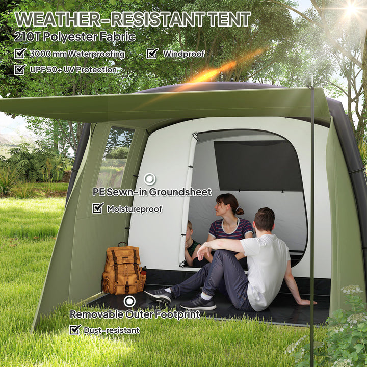 Inflatable 3-4 Man Tunnel Tent w/ Air Pump, Living Area & Vestibule, Waterproof Family Camping Air Tent w/ Sewn In Groundsheet & Removable Footprint for Camping, Hiking, Olive Green