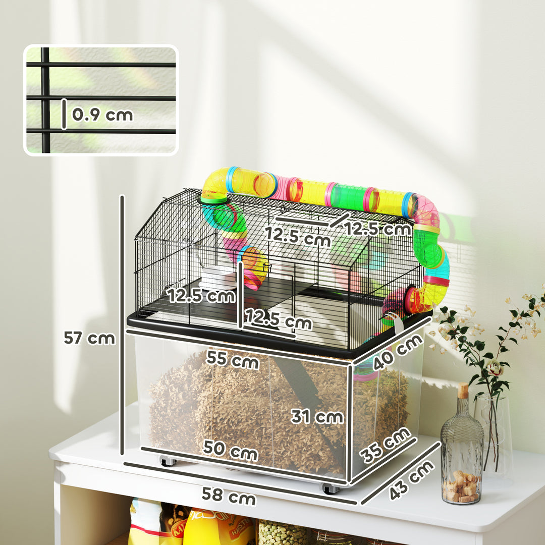 Two-Tier Hamster Cage with 31cm Deep Tray, Tube System, Water Bottle, Ramp, Feeding Bowl, Multicoloured