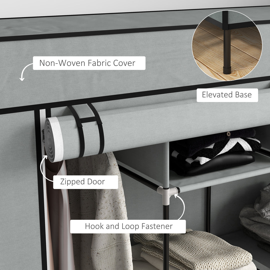 Fabric Wardrobe for Bedroom, Portable Cloth Wardrobe with 10 Compartments, 2 Hanging Rails and 4 Fabric Drawers, 166 x 42.5 x 169.5cm, Dark Grey