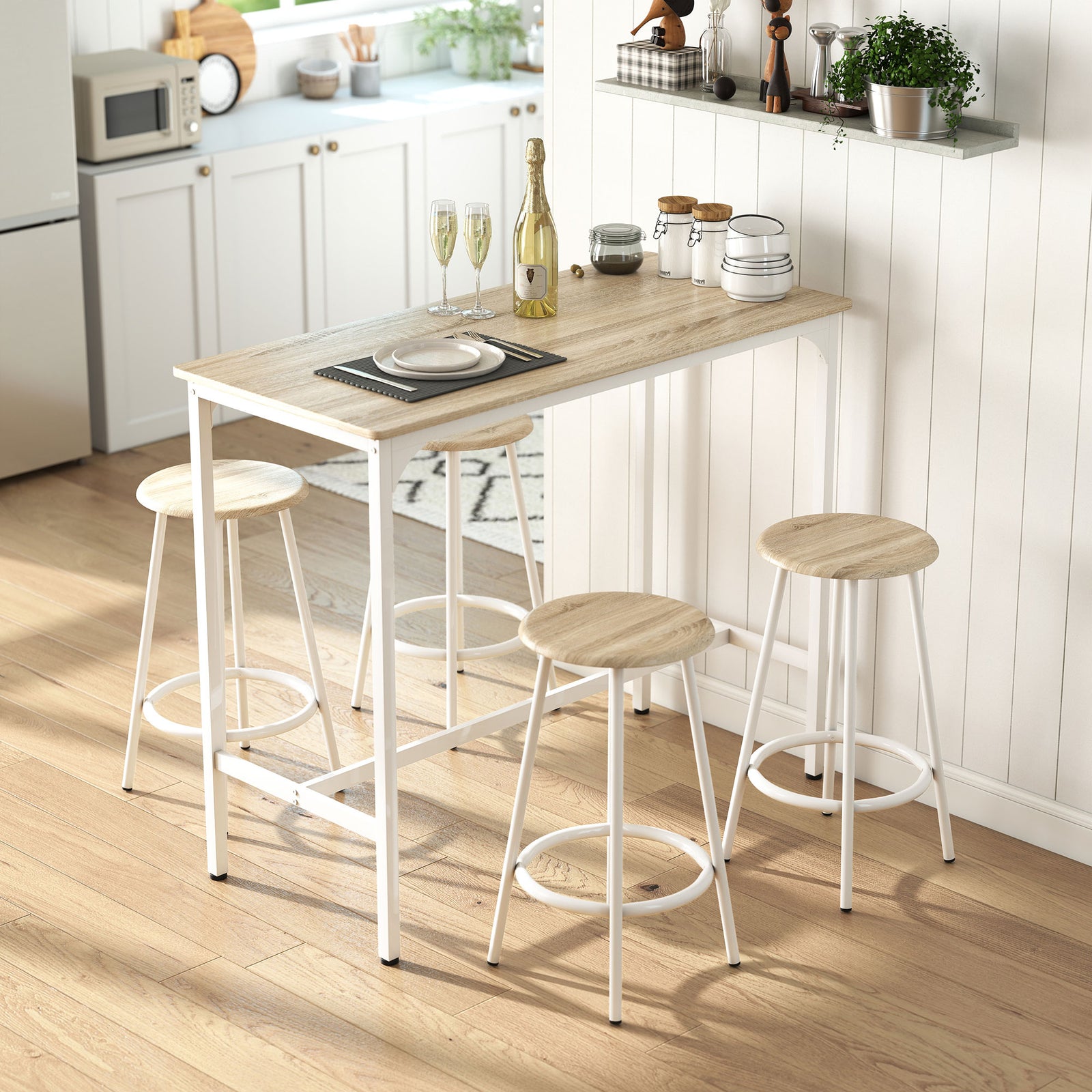 5 Piece Bar Table Set for 4 with Stools, Metal Frame, Footrest for Kit
