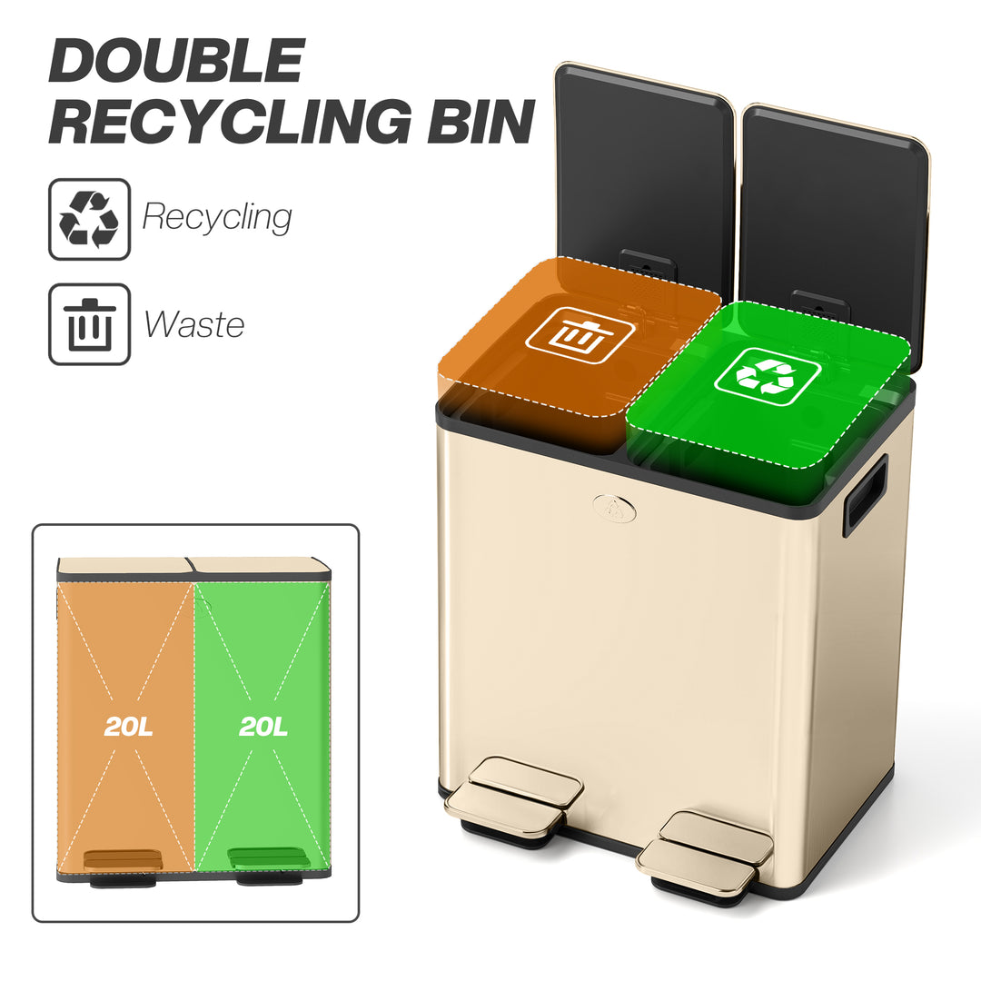 40L Dual Compartment Stainless Steel Bin, with Deodoriser Holders - Gold Tone