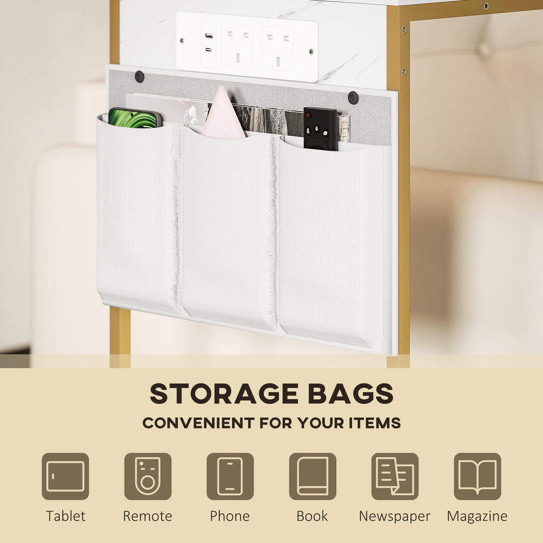 C-Shaped Bedside Table with Charging Station, Marble Grain Side Table with Power Outlets & USB Ports, Storage Bags, for Bedroom, Living Room, White