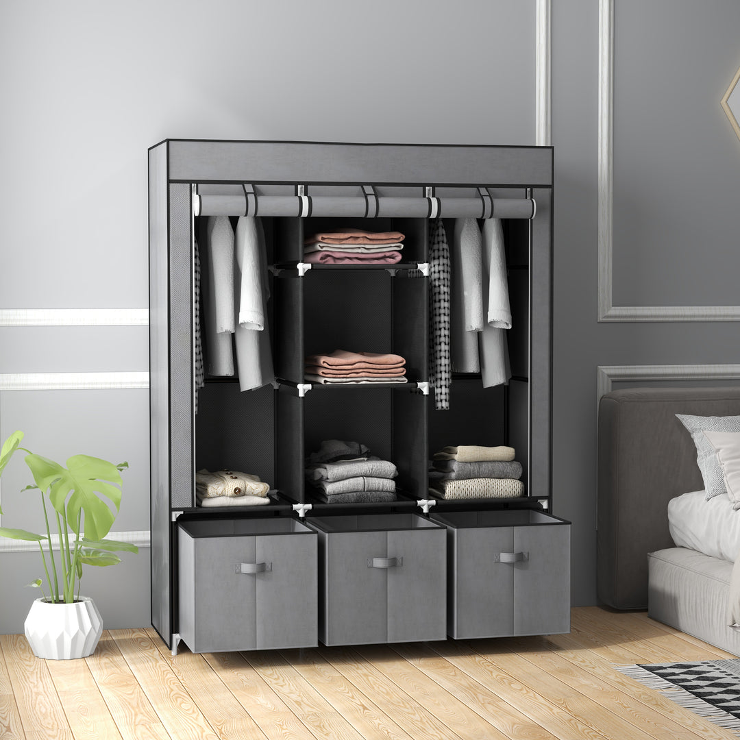 HOMCOM Fabric Wardrobe, Portable Wardrobe with 5 Shelves, 2 Hanging Rails and 3 Fabric Drawers, Foldable Closets, 125 x 43 x 162.5cm, Dark Grey