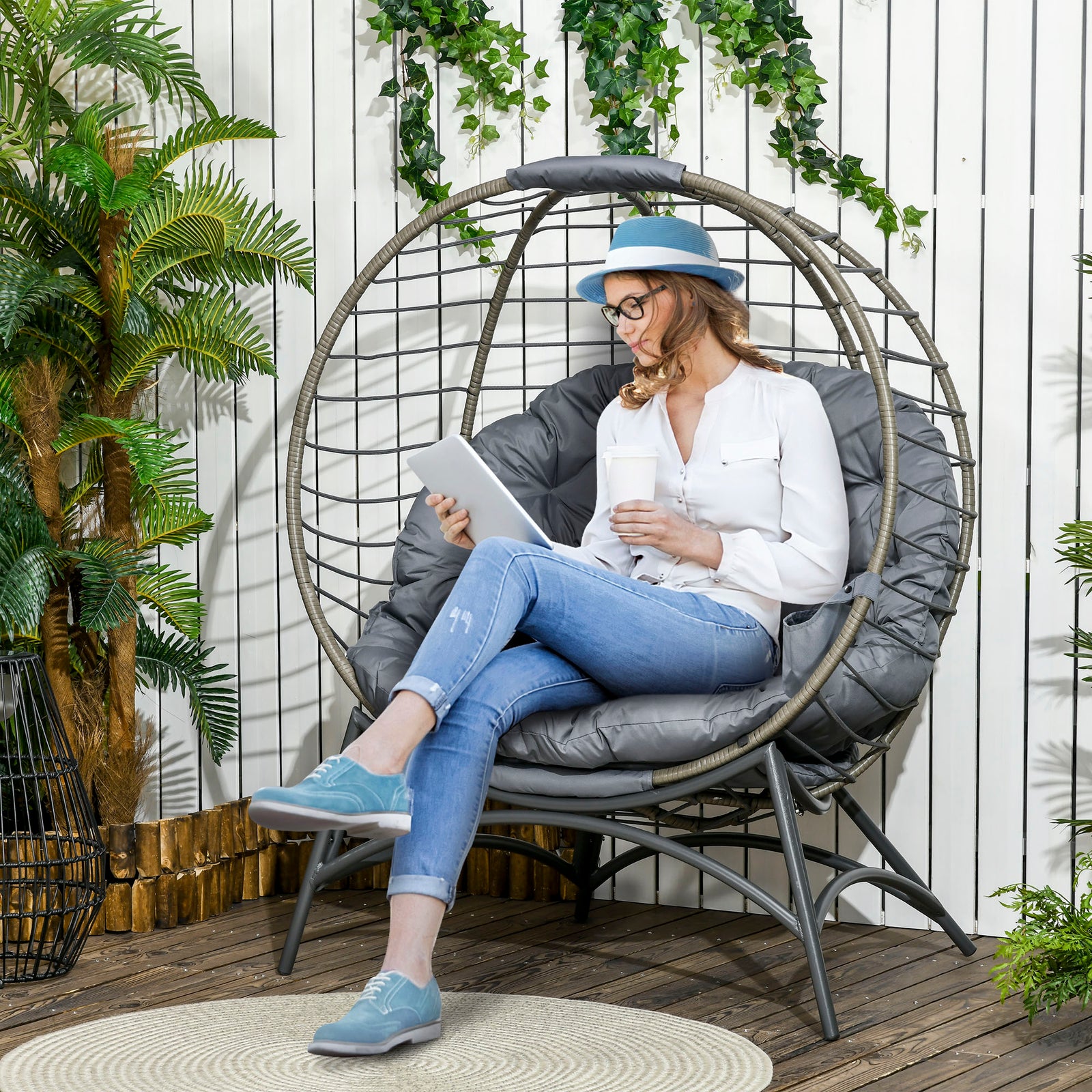 Folding Rattan Egg Chair, Freestanding Basket Chair with Cushion, Bottle Holder Bag for Outdoor or Indoor, Grey