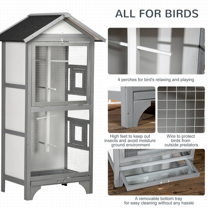 Wooden Outdoor Bird Cage, for Finches and Canaries, with Removable Tray, Asphalt Roof - Grey