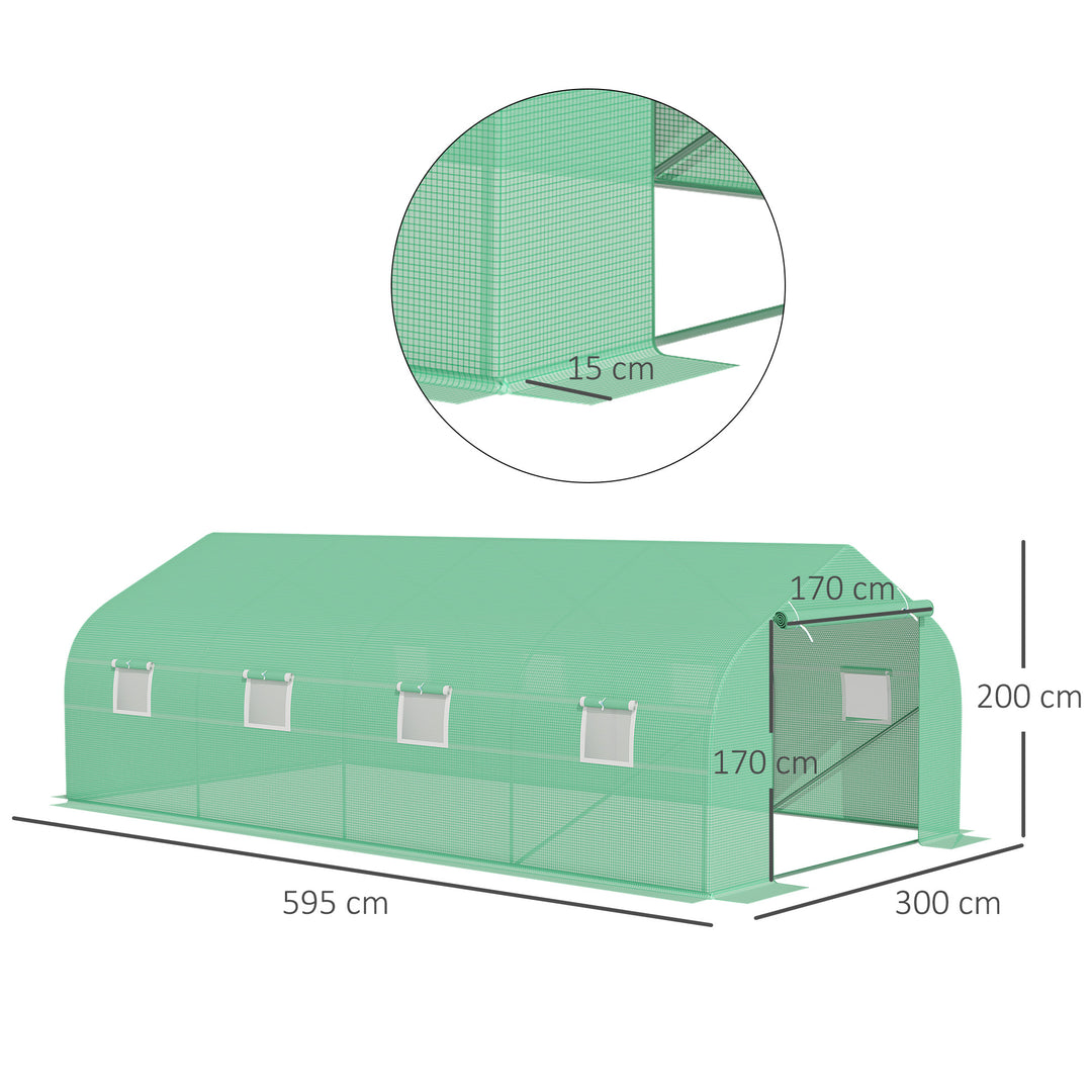 Outsunny 6 x 3 m Large Walk-In Greenhouse Garden Polytunnel Greenhouse w/ Metal Frame, Zippered Door and Roll Up Windows, Green