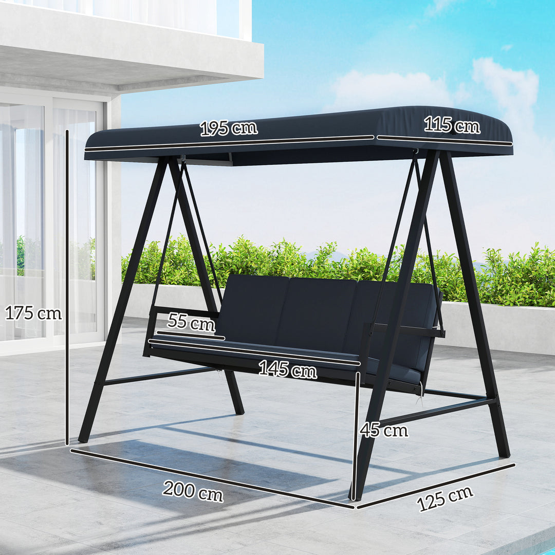 Three-Seat Garden Swing Chair, with Adjustable Canopy - Dark Grey