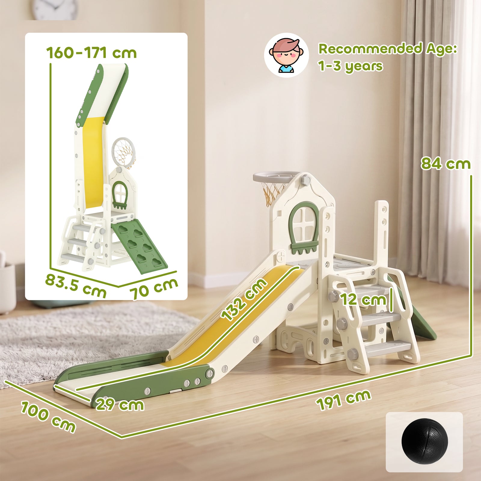 Foldable 5 in 1 Toddler Slide with Ladder, Climbing Wall, Basketball H