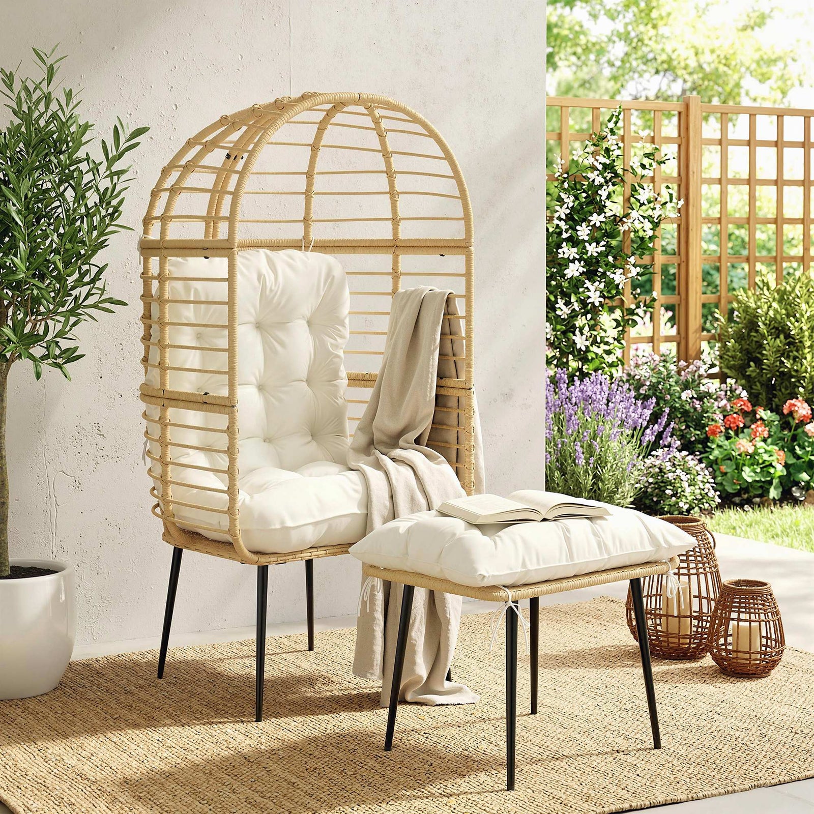 Garden Egg Chair with Footstool, Rattan Indoor Outdoor Lounge Chair an